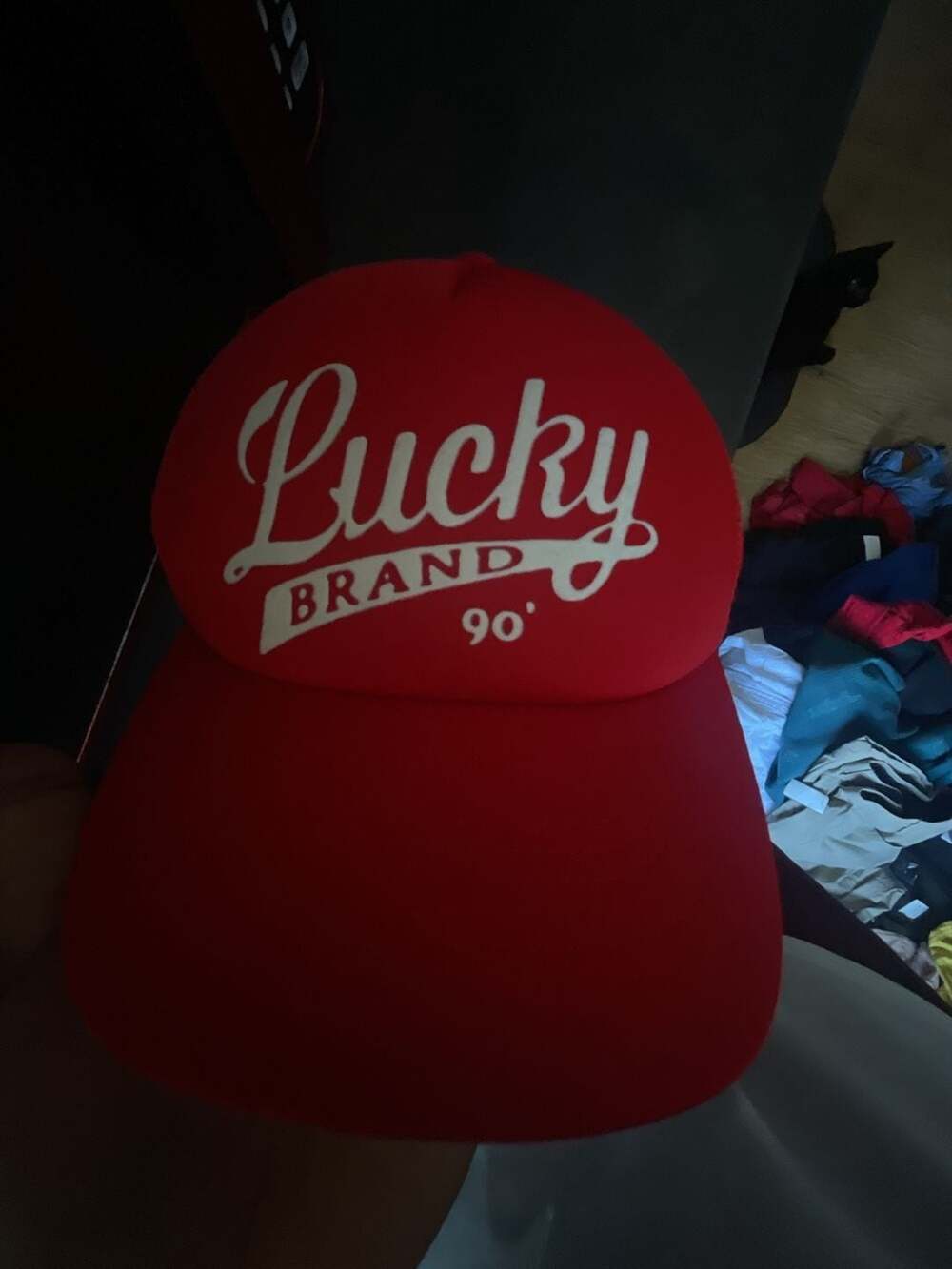 Lucky Brand 90' Logo Graphic Mesh Back Trucker Cap in Red